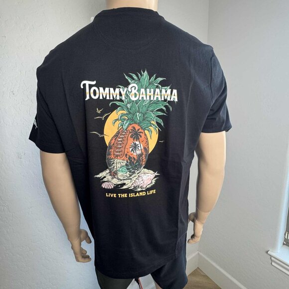 Tommy Bahama Pineapple Paradise Football Tee Crew T-Shirt $70 in Black - Picture 1 of 16